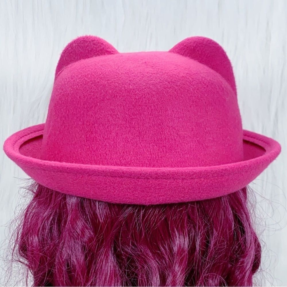 Pink Round Crown Stiff Brim Derby Cat Ears Bowler Hat NEW